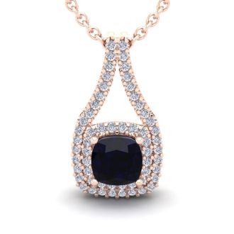 2 1/3 Carat Cushion Cut Sapphire and Double Halo Diamond Necklace In 14 Karat Rose Gold, 18 Inches
