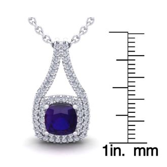 2 3/4 Carat Cushion Cut Amethyst and Double Halo Diamond Necklace In 14 Karat White Gold, 18 Inches