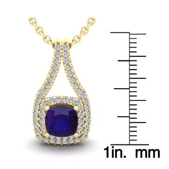 2 3/4 Carat Cushion Cut Amethyst and Double Halo Diamond Necklace In 14 Karat Yellow Gold, 18 Inches