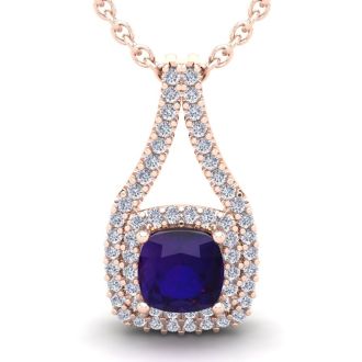 2 3/4 Carat Cushion Cut Amethyst and Double Halo Diamond Necklace In 14 Karat Rose Gold, 18 Inches