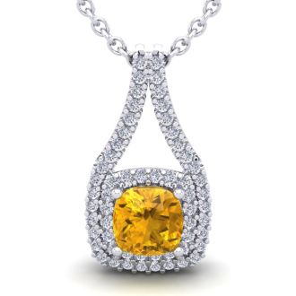2 3/4 Carat Cushion Cut Citrine and Double Halo Diamond Necklace In 14 Karat White Gold, 18 Inches