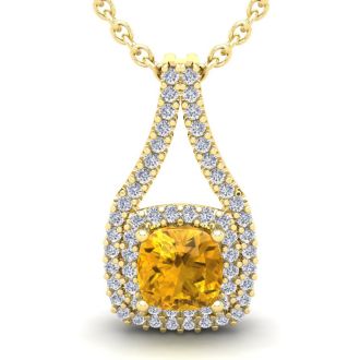 2 3/4 Carat Cushion Cut Citrine and Double Halo Diamond Necklace In 14 Karat Yellow Gold, 18 Inches