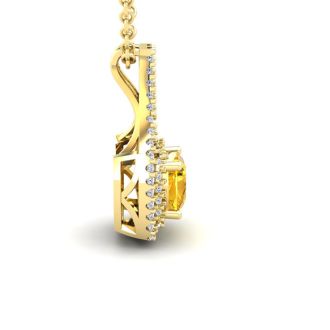 2 3/4 Carat Cushion Cut Citrine and Double Halo Diamond Necklace In 14 Karat Yellow Gold, 18 Inches