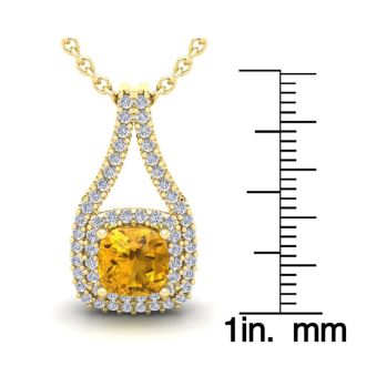 2 3/4 Carat Cushion Cut Citrine and Double Halo Diamond Necklace In 14 Karat Yellow Gold, 18 Inches