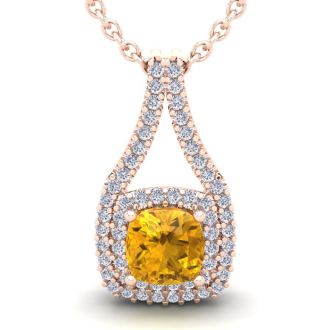2 3/4 Carat Cushion Cut Citrine and Double Halo Diamond Necklace In 14 Karat Rose Gold, 18 Inches
