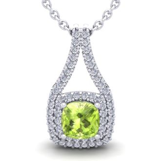 3 1/3 Carat Cushion Cut Peridot and Double Halo Diamond Necklace In 14 Karat White Gold, 18 Inches