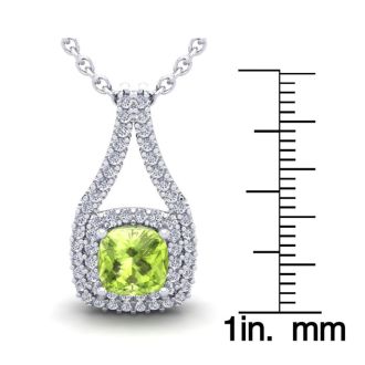 3 1/3 Carat Cushion Cut Peridot and Double Halo Diamond Necklace In 14 Karat White Gold, 18 Inches