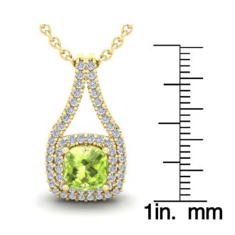 3 1/3 Carat Cushion Cut Peridot and Double Halo Diamond Necklace In 14 Karat Yellow Gold, 18 Inches