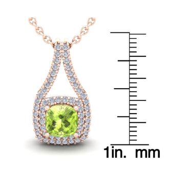 3 1/3 Carat Cushion Cut Peridot and Double Halo Diamond Necklace In 14 Karat Rose Gold, 18 Inches
