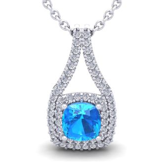 3 1/2 Carat Cushion Cut Blue Topaz and Double Halo Diamond Necklace In 14 Karat White Gold, 18 Inches