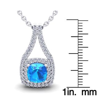3 1/2 Carat Cushion Cut Blue Topaz and Double Halo Diamond Necklace In 14 Karat White Gold, 18 Inches