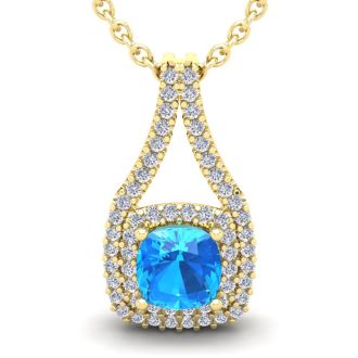 3 1/2 Carat Cushion Cut Blue Topaz and Double Halo Diamond Necklace In 14 Karat Yellow Gold, 18 Inches