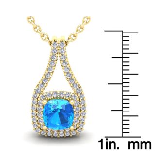 3 1/2 Carat Cushion Cut Blue Topaz and Double Halo Diamond Necklace In 14 Karat Yellow Gold, 18 Inches