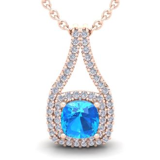 3 1/2 Carat Cushion Cut Blue Topaz and Double Halo Diamond Necklace In 14 Karat Rose Gold, 18 Inches