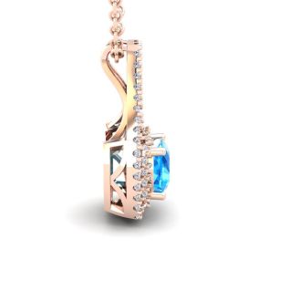 3 1/2 Carat Cushion Cut Blue Topaz and Double Halo Diamond Necklace In 14 Karat Rose Gold, 18 Inches