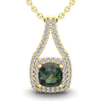 2-3/4 Carat Cushion Shape Mystic Topaz Necklace With Double Diamond Halo In 14 Karat Yellow Gold, 18 Inches