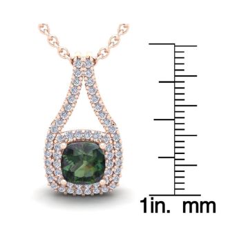 2-3/4 Carat Cushion Shape Mystic Topaz Necklace With Double Diamond Halo In 14 Karat Rose Gold, 18 Inches