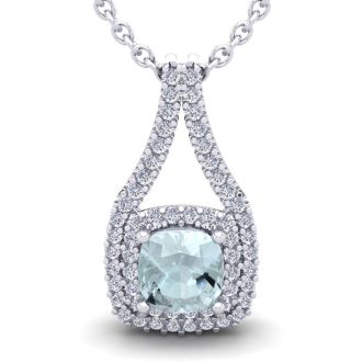 Aquamarine Necklace: Aquamarine Jewelry: 2 3/4 Carat Cushion Cut Aquamarine and Double Halo Diamond Necklace In 14 Karat White Gold, 18 Inches