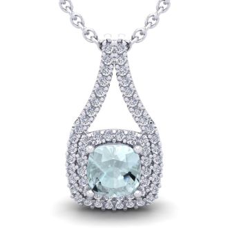 Aquamarine Necklace: Aquamarine Jewelry: 2 3/4 Carat Cushion Cut Aquamarine and Double Halo Diamond Necklace In 14 Karat White Gold, 18 Inches
