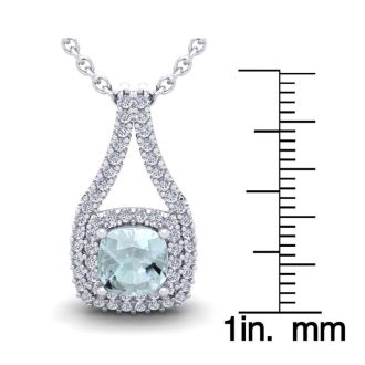 Aquamarine Necklace: Aquamarine Jewelry: 2 3/4 Carat Cushion Cut Aquamarine and Double Halo Diamond Necklace In 14 Karat White Gold, 18 Inches