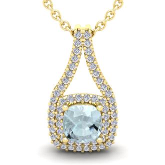 Aquamarine Necklace: Aquamarine Jewelry: 2 3/4 Carat Cushion Cut Aquamarine and Double Halo Diamond Necklace In 14 Karat Yellow Gold, 18 Inches