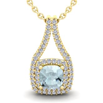 Aquamarine Necklace: Aquamarine Jewelry: 2 3/4 Carat Cushion Cut Aquamarine and Double Halo Diamond Necklace In 14 Karat Yellow Gold, 18 Inches