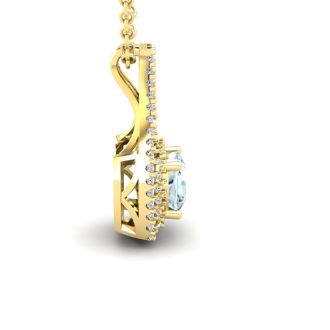 Aquamarine Necklace: Aquamarine Jewelry: 2 3/4 Carat Cushion Cut Aquamarine and Double Halo Diamond Necklace In 14 Karat Yellow Gold, 18 Inches