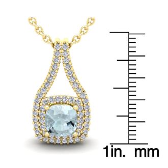 Aquamarine Necklace: Aquamarine Jewelry: 2 3/4 Carat Cushion Cut Aquamarine and Double Halo Diamond Necklace In 14 Karat Yellow Gold, 18 Inches