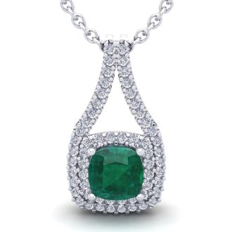 2-3/4 Carat Cushion Shape Emerald Necklaces With Double Halo Diamonds In 14 Karat White Gold, 18 Inch Chain