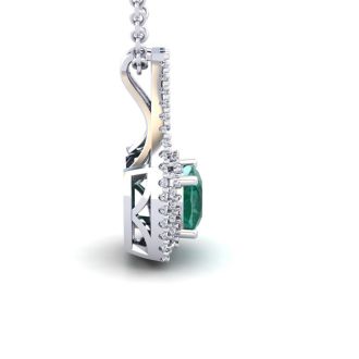 2-3/4 Carat Cushion Shape Emerald Necklaces With Double Halo Diamonds In 14 Karat White Gold, 18 Inch Chain