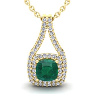 2-3/4 Carat Cushion Shape Emerald Necklaces With Double Halo Diamonds In 14 Karat Yellow Gold, 18 Inch Chain