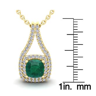 2-3/4 Carat Cushion Shape Emerald Necklaces With Double Halo Diamonds In 14 Karat Yellow Gold, 18 Inch Chain
