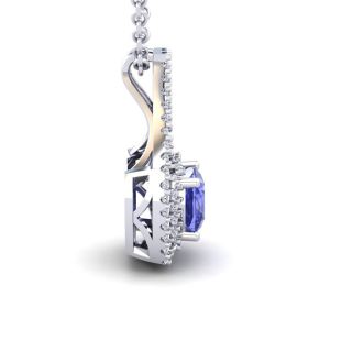 3 1/3 Carat Cushion Cut Tanzanite and Double Halo Diamond Necklace In 14 Karat White Gold, 18 Inches