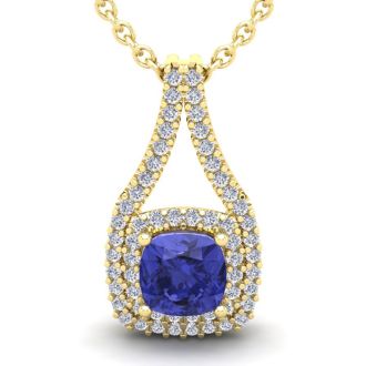 3 1/3 Carat Cushion Cut Tanzanite and Double Halo Diamond Necklace In 14 Karat Yellow Gold, 18 Inches