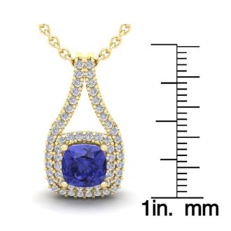 3 1/3 Carat Cushion Cut Tanzanite and Double Halo Diamond Necklace In 14 Karat Yellow Gold, 18 Inches