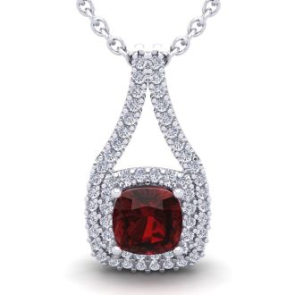 Garnet Necklace: Garnet Jewelry: 4 Carat Cushion Cut Garnet and Double Halo Diamond Necklace In 14 Karat White Gold, 18 Inches