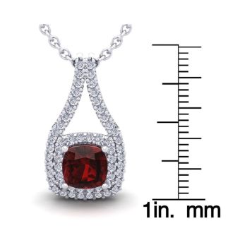 Garnet Necklace: Garnet Jewelry: 4 Carat Cushion Cut Garnet and Double Halo Diamond Necklace In 14 Karat White Gold, 18 Inches