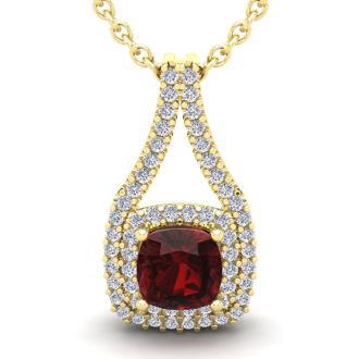 Garnet Necklace: Garnet Jewelry: 4 Carat Cushion Cut Garnet and Double Halo Diamond Necklace In 14 Karat Yellow Gold, 18 Inches