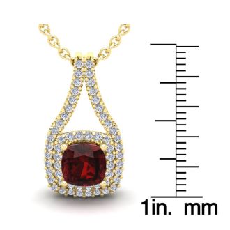 Garnet Necklace: Garnet Jewelry: 4 Carat Cushion Cut Garnet and Double Halo Diamond Necklace In 14 Karat Yellow Gold, 18 Inches