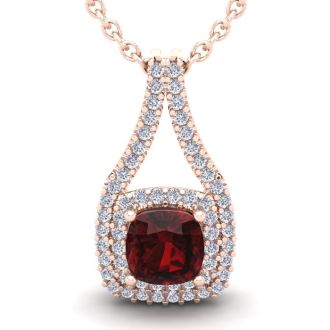 Garnet Necklace: Garnet Jewelry: 4 Carat Cushion Cut Garnet and Double Halo Diamond Necklace In 14 Karat Rose Gold, 18 Inches