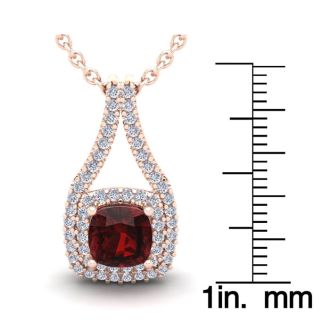 Garnet Necklace: Garnet Jewelry: 4 Carat Cushion Cut Garnet and Double Halo Diamond Necklace In 14 Karat Rose Gold, 18 Inches