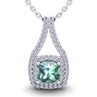 2 3/4 Carat Cushion Cut Green Amethyst and Double Halo Diamond Necklace In 14 Karat White Gold, 18 Inches