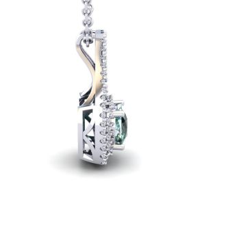 2 3/4 Carat Cushion Cut Green Amethyst and Double Halo Diamond Necklace In 14 Karat White Gold, 18 Inches