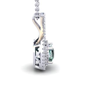 2 3/4 Carat Cushion Cut Green Amethyst and Double Halo Diamond Necklace In 14 Karat White Gold, 18 Inches