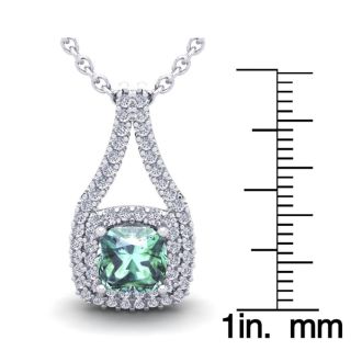 2 3/4 Carat Cushion Cut Green Amethyst and Double Halo Diamond Necklace In 14 Karat White Gold, 18 Inches