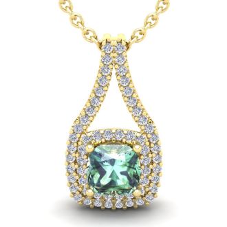 2 3/4 Carat Cushion Cut Green Amethyst and Double Halo Diamond Necklace In 14 Karat Yellow Gold, 18 Inches