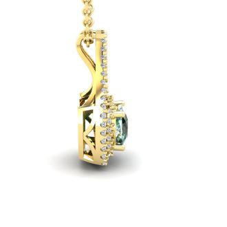 2 3/4 Carat Cushion Cut Green Amethyst and Double Halo Diamond Necklace In 14 Karat Yellow Gold, 18 Inches