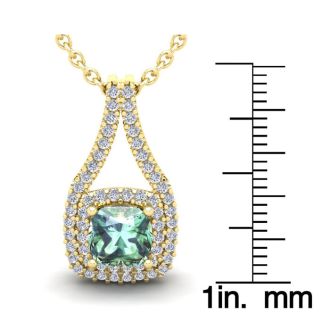 2 3/4 Carat Cushion Cut Green Amethyst and Double Halo Diamond Necklace In 14 Karat Yellow Gold, 18 Inches