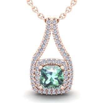 2 3/4 Carat Cushion Cut Green Amethyst and Double Halo Diamond Necklace In 14 Karat Rose Gold, 18 Inches