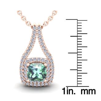 2 3/4 Carat Cushion Cut Green Amethyst and Double Halo Diamond Necklace In 14 Karat Rose Gold, 18 Inches